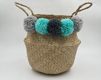 POMPOM Blue Grey Belly Baskets Natural Vietnamese Eco Seagrass Wicker Basket handle Modern Home Decor Living Room Bedroom Storage Handmade