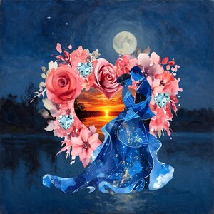 Peut inclure: Peinture numérique d'un couple s'embrassant devant un arrangement floral en forme de cœur. Le couple est en silhouette devant un coucher de soleil, avec une pleine lune en arrière-plan. La femme porte une robe bleue, et la scène se déroule sur l'eau.