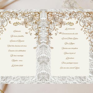 Peut inclure: Une invitation de mariage avec un fond crème et des accents floraux dorés. L'invitation présente des motifs floraux en relief et du texte dans une police classique. Deux alliances dorées sont en haut.
