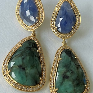 Luxury Gold and Silver Earrings with Diamonds, Emeralds and Sapphires – Elegant Rose Cut Design