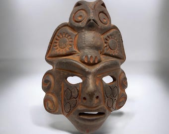 Handcrafted Tairona Owl Mask - Black Clay Ancestral Art from Santa Marta - Unique Cultural Decor