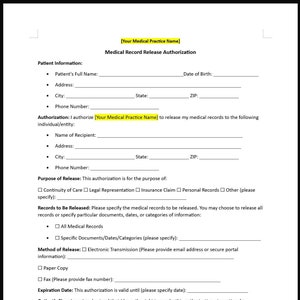 Medical Record Release Authorization Form Template (Word, Editable, Printable)
