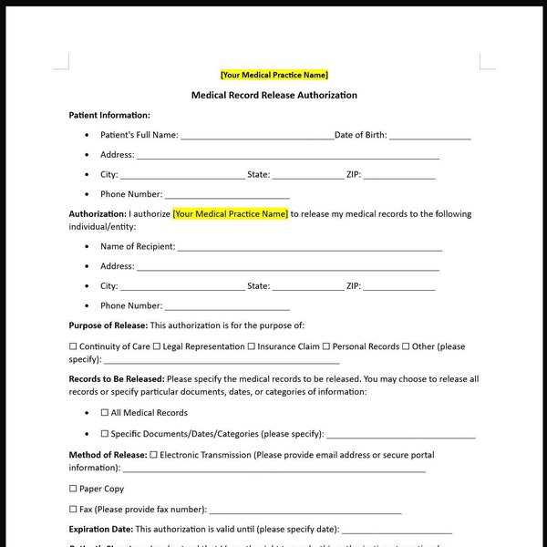 Medical Record Release Authorization Form Template (Word, Editable, Printable)