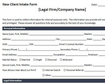 New Client Intake Form Template - For Legal Firms - (Word, Editable, Printable)