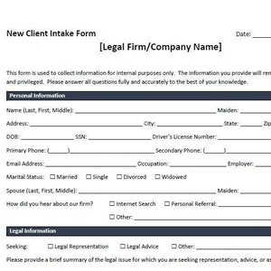 New Client Intake Form Template for Legal Firms word - Etsy