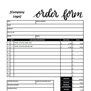 May include: Black and white order form with headings for date, name, address, city, state, zip, phone, email, quantity, item name/description, unit price, total, shipping method, expected delivery date, subtotal, discount, subtotal less discount, tax rate, total tax, shipping, and total. The form has lines for entering information and a section for comments.