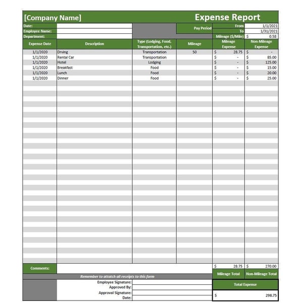 Spesenanzeige Vorlage (Excel, bearbeitbar, druckbar)