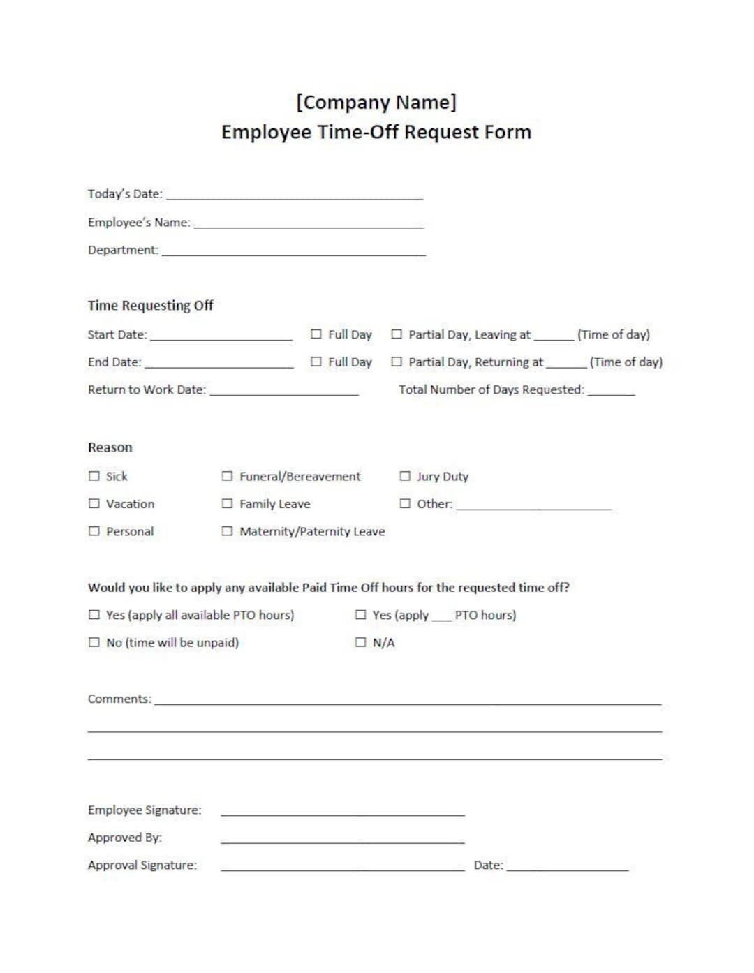 Employee Time Off Request Form Template Word Editable Printable Etsy