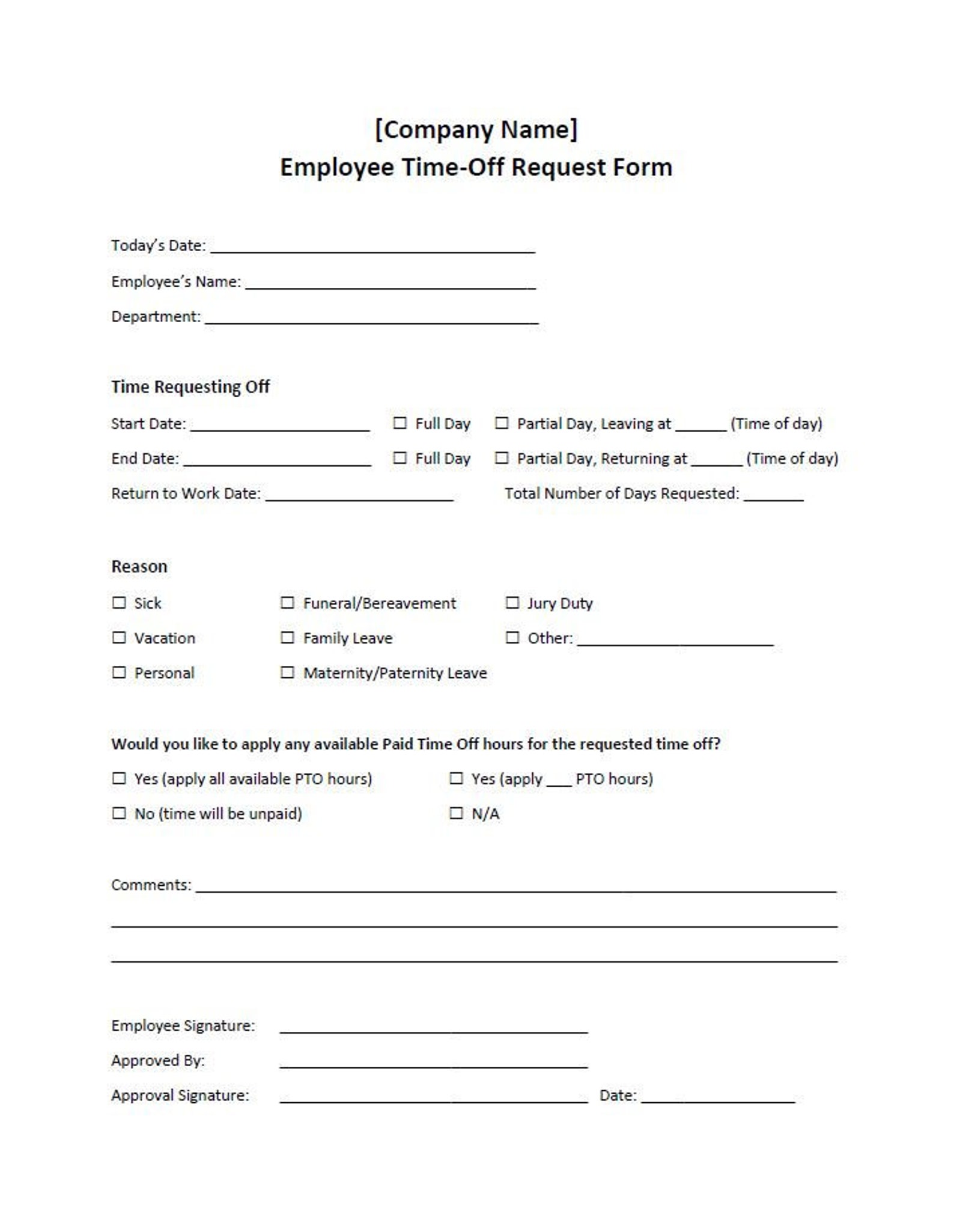 Employee Time-Off Request Form Template Word | Etsy