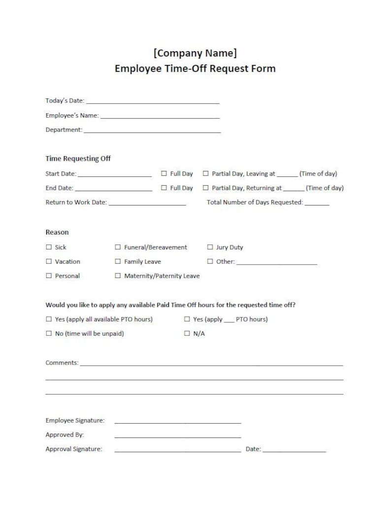 Employee Time-off Request Form Template word, Editable, Printable - Etsy