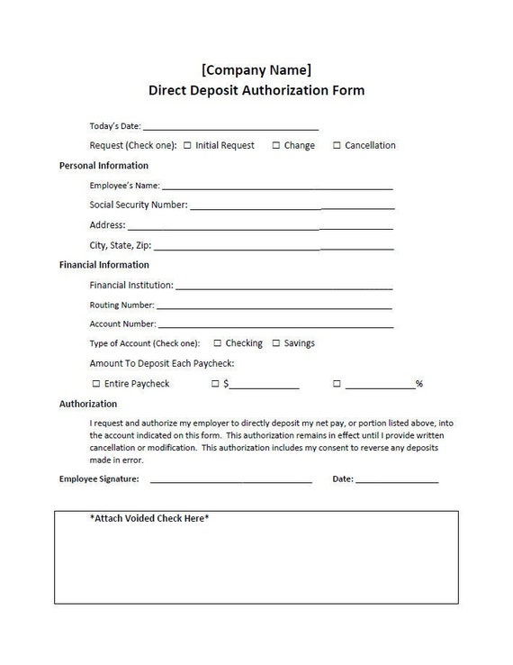 direct deposit authorization request form template word etsy