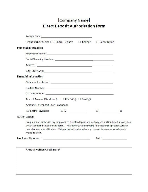 direct deposit authorization request form template word etsy