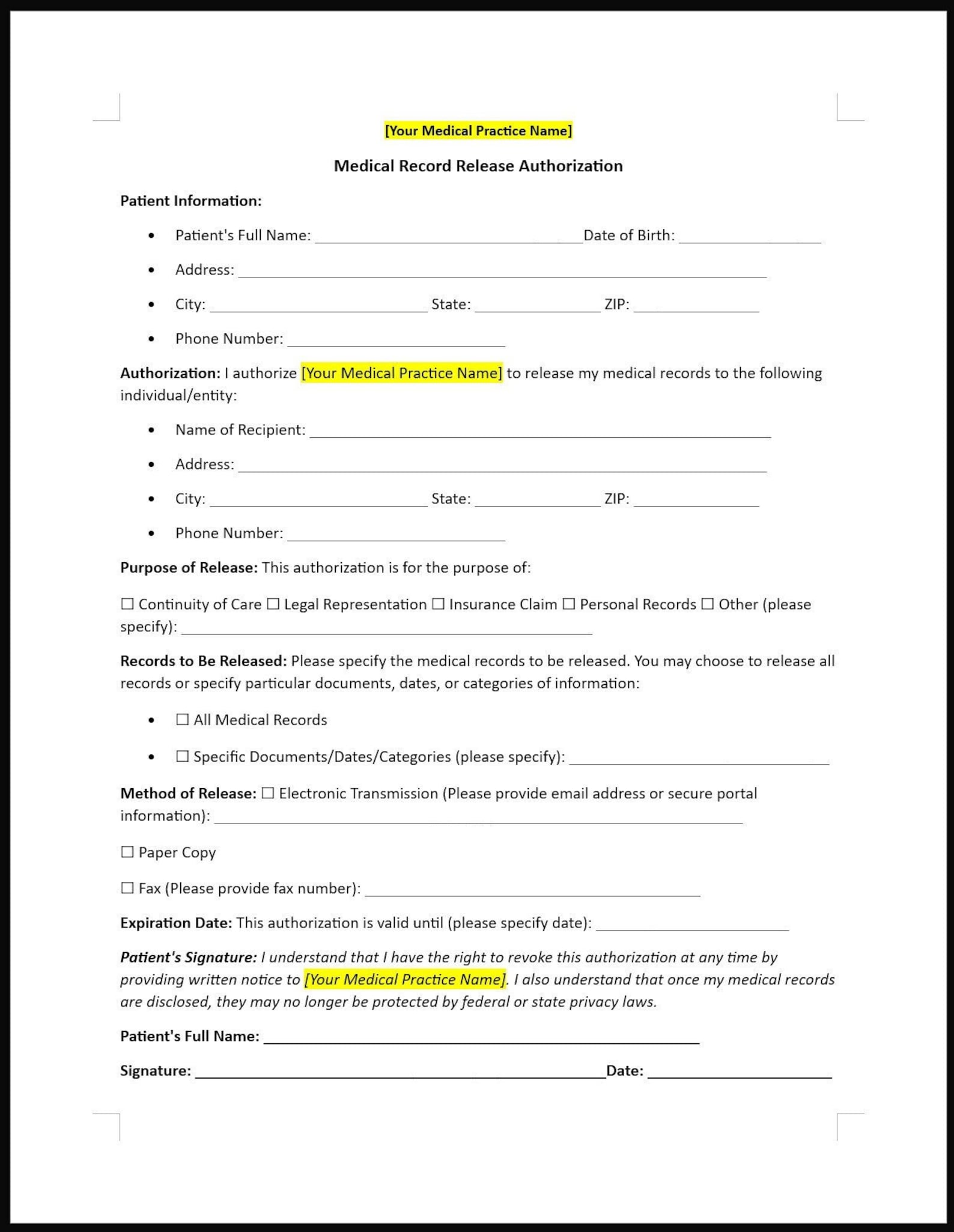 Medical Record Release Authorization Form Template (word, Editable ...