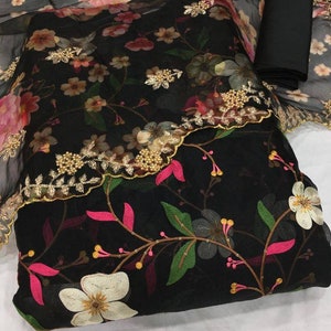 Organza embroidered shirt with Organza Print embroidered Dupatta with Plain Taffeta Silk Bottom by Craftexo