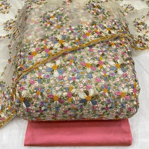 Unstitch suit fabric in Organza Sequins Work Thread embroidered shirt with Organza embroidered Dupatta and Plain Taffeta Silk Bottom