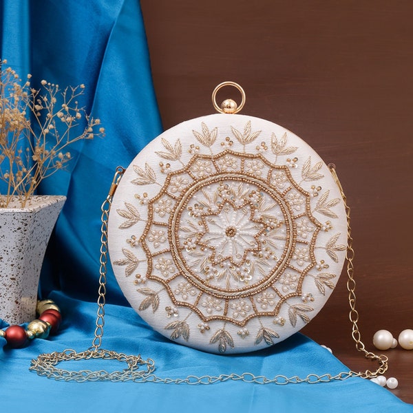 Heavy Embroidered Round Shape Clutch handmade evening wristlet clutch, envelop clutch.