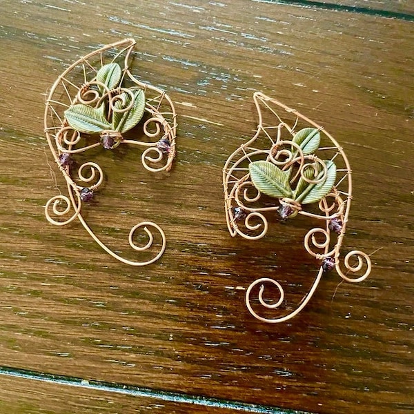Forest elf ears made of wire with leaves and beads, elf ears pin earrings