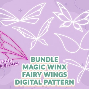 Könnte beinhalten: Ein digitales Musterpaket mit verschiedenen Feenflügeldesigns in Weiß und einem Dark Bloom-Flügel in Pink. Der Text lautet "Bundle Magic Winx Fairy Wings Digital Pattern" auf einem lavendelfarbenen Hintergrund.