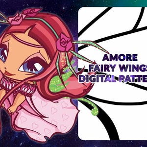May include: A digital pattern featuring a cartoon fairy with pink hair and a pink dress. The fairy has large blue eyes and is adorned with roses. The text "AMORE FAIRY WINGS DIGITAL PATTERN" is displayed on the right side.