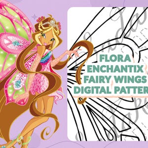 Op de afbeelding: Illustratie van een fee met lang bruin haar, gekleed in een roze jurk en grote roze en groene vleugels. De afbeelding bevat de tekst "FLORA ENCHANTIX FAIRY WINGS DIGITAL PATTERN" in groen en wit.