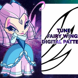 Könnte beinhalten: Cartoon-Illustration einer Fee mit rosa Haaren und blauem Kleid vor einem Galaxiehintergrund. Der Text rechts lautet "TUNE FAIRY WINGS DIGITAL PATTERN". Das Bild hat ein Fantasy-Thema.