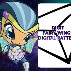 May include: A cartoon illustration of a fairy character with blue and yellow accents, set against a starry background. The fairy has large eyes and a smiling expression. Text on the right reads "DIGIT FAIRY WINGS DIGITAL PATTERN".