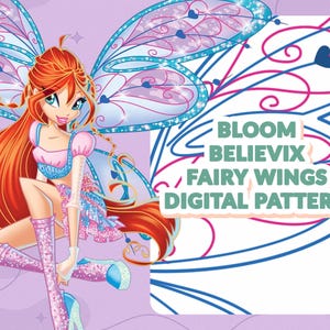 Könnte beinhalten: Ein digitales Muster mit einer Cartoon-Fee mit roten Haaren, blauen Flügeln und einem rosa-blauen Outfit. Der Text "Bloom Believix Fairy Wings Digital Pattern" wird auf der rechten Seite des Bildes angezeigt.