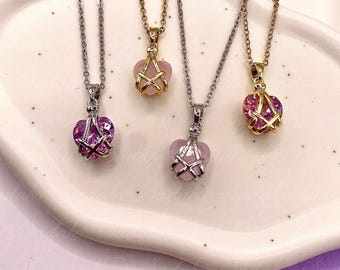 Collar de corazón con mini cierre de diamante, dorado o plateado, individual o en juego.