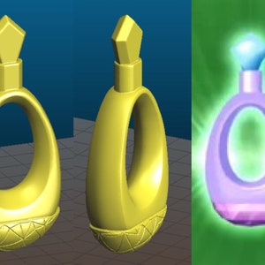 Pode incluir: Um frasco de perfume dourado com um corpo oval e um design geométrico na base. O frasco tem uma rolha em forma de diamante. Uma segunda imagem mostra um frasco roxo com um efeito brilhante.