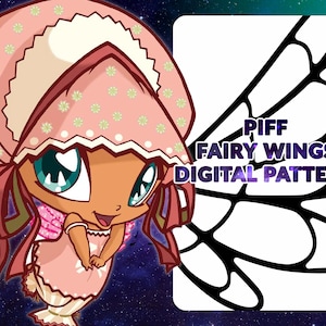 Könnte beinhalten: Cartoon-Illustration einer Fee mit rosa Häubchen, verziert mit kleinen Blumen und einem passenden Kleid. Die Fee hat große türkisfarbene Augen und lächelt. Ein digitales Muster mit dem Text "PIFF FAIRY WINGS DIGITAL PATTERN" befindet sich rechts.