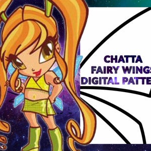 May include: A cartoon illustration of a fairy with orange hair and green clothing. The fairy has blue wings and is set against a space-themed background. Text on the right reads "Chatta Fairy Wings Digital Pattern."