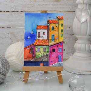 colorful fairytale illustration city Mini island art houses by the sea, houses with sea view, sea watercolor landscape, ACEO watercolor art