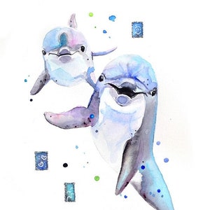 dolphin print, mom dolphin with cub, ocean animals, smiling dolphin, maternity animals ocean print, sea decor , solphin watercolor fish