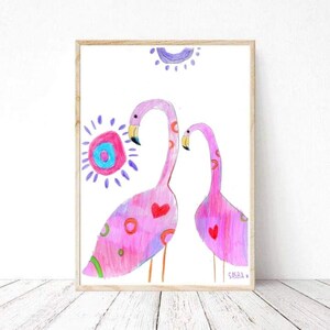 two flamingos art, pink bird, copy of birds. drawing made by children. pink decor, meditative art. two flamingos poster. maternity animals