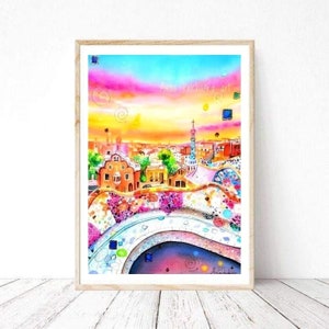 park guell art barcellona art painting landscape print watercolor print Guell wall art Barcellona travel illustration Europe postcard travel
