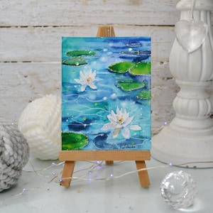 water lilies on the water, original watercolor art water lilies wall art, white water lilies ACEO art 4x3 inches landscape watercolor nature