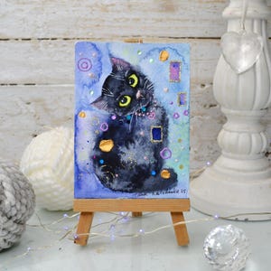 black cat original watercolor art, black cat illustration, black cat portrait ACEO watercolor art Italy art