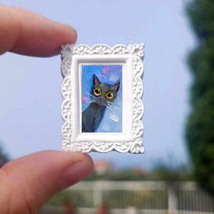 black cat portrait, oil painting cat painted background oil painting with cat, small handmade mini painting, miniature pet art cat decor