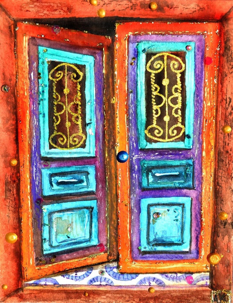 Colorful Door Print of Antique Door, Rustic Door Art Watercolor Print