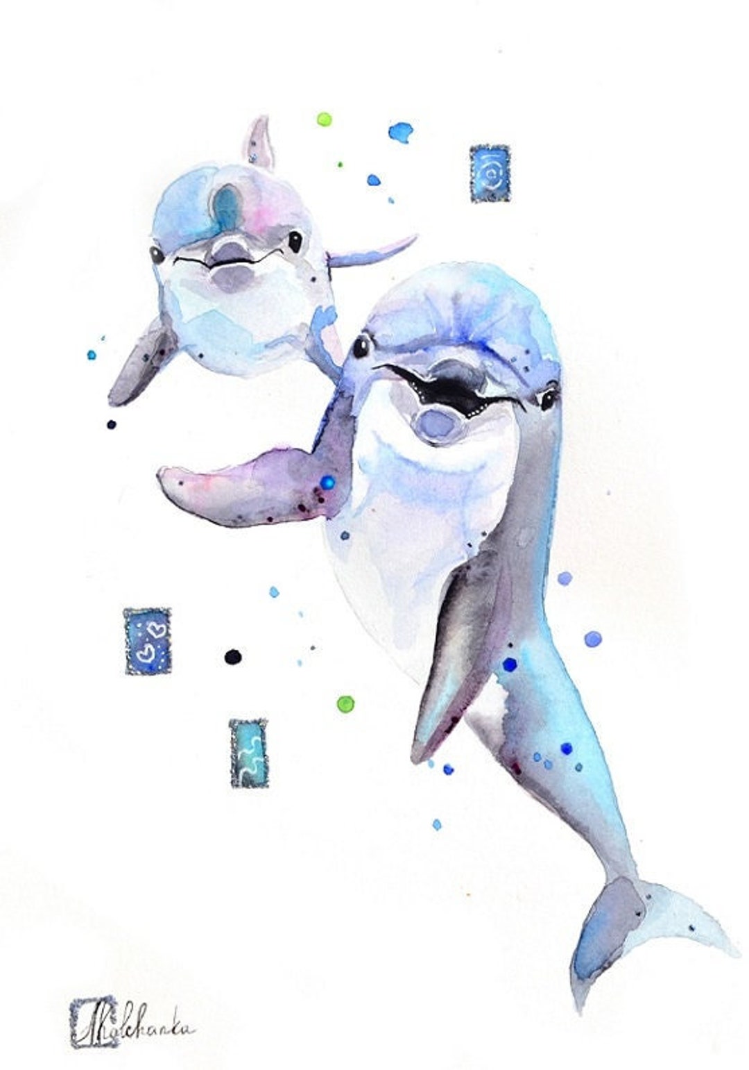 Dolphin Print, Mom Dolphin With Cub, Ocean Animals, Smiling Dolphin