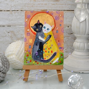 kiss of cats, black and white cat kiss klimt watercolor art, cats illustration, striped orange cat portrait ACEO watercolor art romantic art