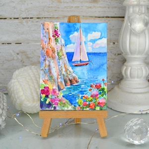 boat on the beach colorful sea illustration island art watercolor sea, sea watercolor landscape ACEO watercolor art ocean wall art sea decor