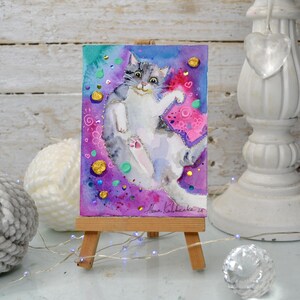 chat gris à rayures aquarelle originale, illustration de chat gris, portrait de chat noir ACEO aquarelle art Italie art
