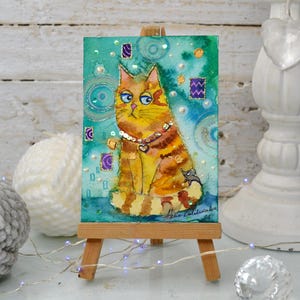 orange cat original watercolor art, orange cat illustration, striped orange cat portrait ACEO watercolor art Italy art