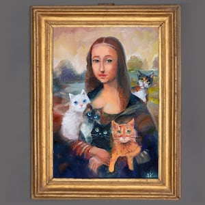 Mona Lisa with cats, funny art with cats, mona lisa with cat, funny cat poster, cat decor Leonardoo Da Vinci print Vintage cat wall art