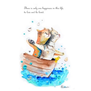 love print, cats in love, boat illustration two cat, signed print watercolor wall decor cat gift, boyfriend gift, postcard wishes love cat