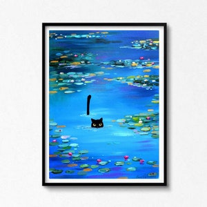 black cat in the water print Cat Print Monet Waterlily famous paintings Funny Gift Poster animals Wall Art Home Decor pet decor cat poster