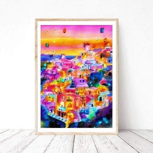 Greece art painting landscape print watercolor print Mediterranean greek island, Santorini print travel illustration Europe postcard travel