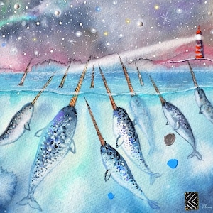 narvalo sea art unicorn wall art narwhal decor ocean print  sea watercolor nursery decor sea magical print, baby room art starry sky whale