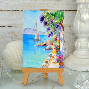 Arte original de acuarela, arte marino, barco en la playa, ilustración colorida del mar, arte isleño, mar, paisaje marino, arte ACEO, arte mural oceánico